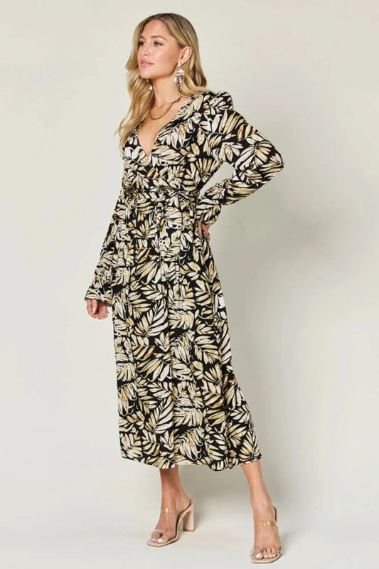 Double Take Full Size Tie Back Flounce Sleeve Dress - ShalayeFashion