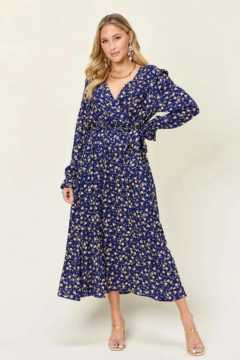 Double Take Full Size Tie Back Flounce Sleeve Dress - ShalayeFashion