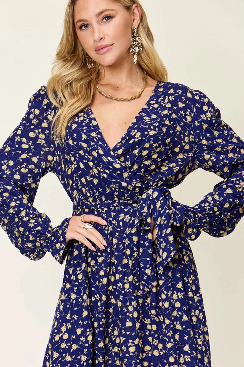 Double Take Full Size Tie Back Flounce Sleeve Dress - ShalayeFashion