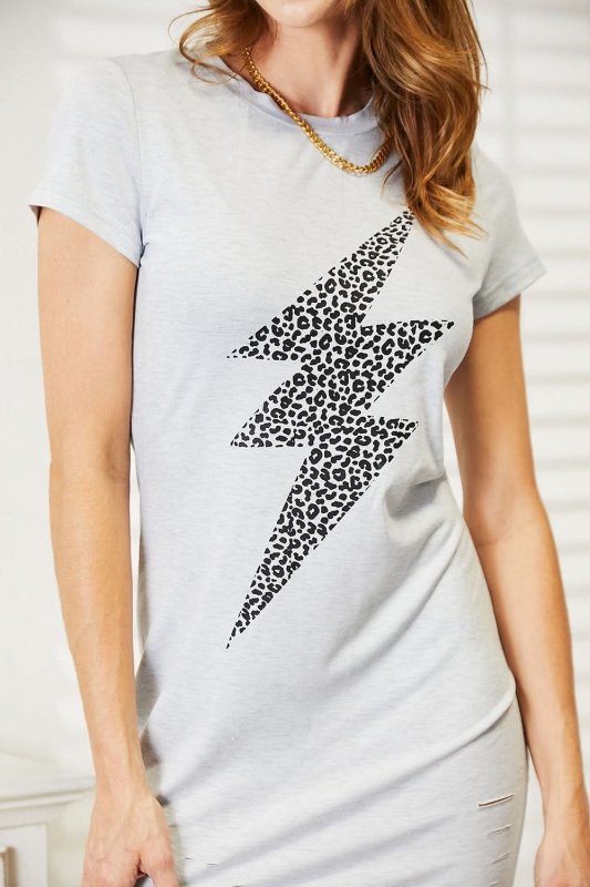 Double Take Leopard Lightning Graphic Tee Dress - ShalayeFashion