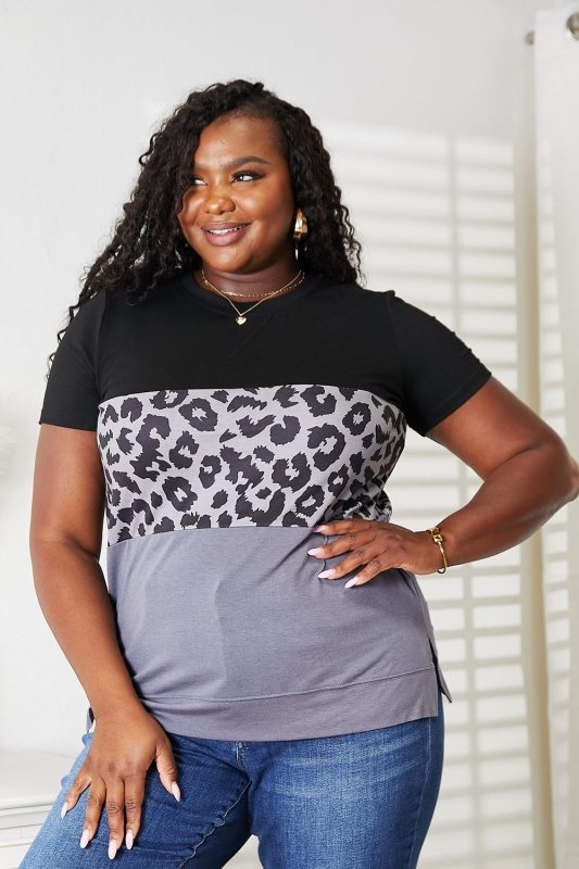 Double Take Leopard Print Color Block Short Sleeve T-Shirt - ShalayeFashion