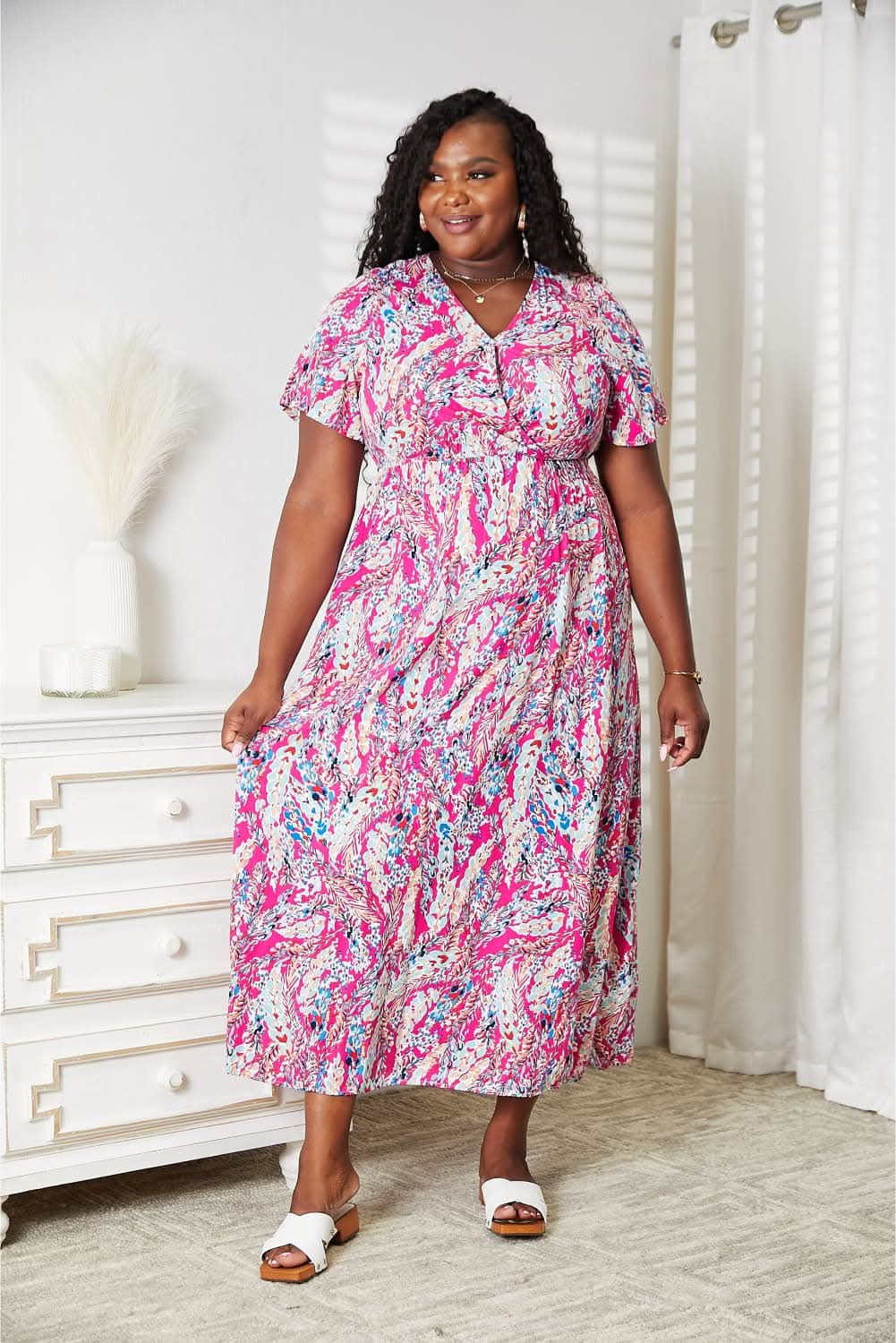 Double Take Multicolored V - Neck Maxi Dress - ShalayeFashion