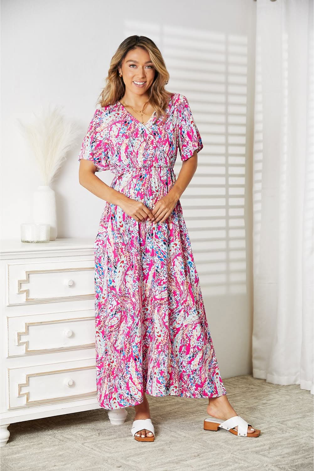 Double Take Multicolored V - Neck Maxi Dress - ShalayeFashion