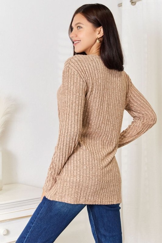Double Take Notched Neck Ribbed Long Sleeve T-Shirt - ShalayeFashion