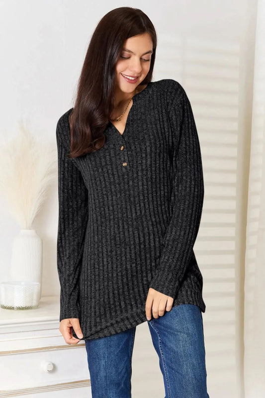 Double Take Notched Neck Ribbed Long Sleeve T-Shirt - ShalayeFashion