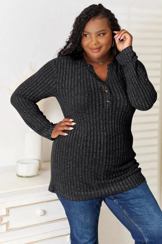 Double Take Notched Neck Ribbed Long Sleeve T-Shirt - ShalayeFashion