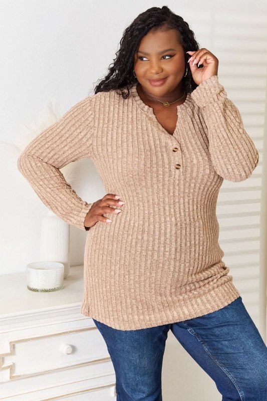 Double Take Notched Neck Ribbed Long Sleeve T-Shirt - ShalayeFashion