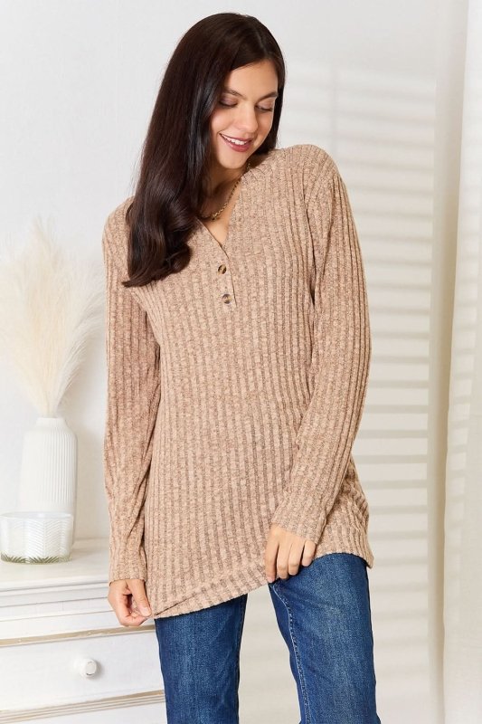 Double Take Notched Neck Ribbed Long Sleeve T-Shirt - ShalayeFashion