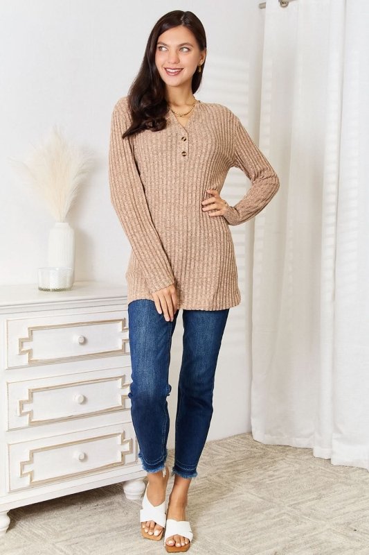 Double Take Notched Neck Ribbed Long Sleeve T-Shirt - ShalayeFashion