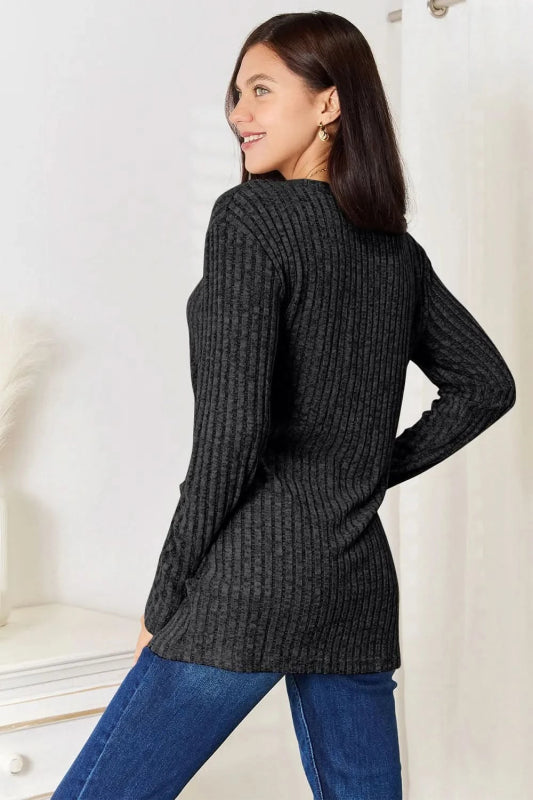 Double Take Notched Neck Ribbed Long Sleeve T-Shirt - ShalayeFashion