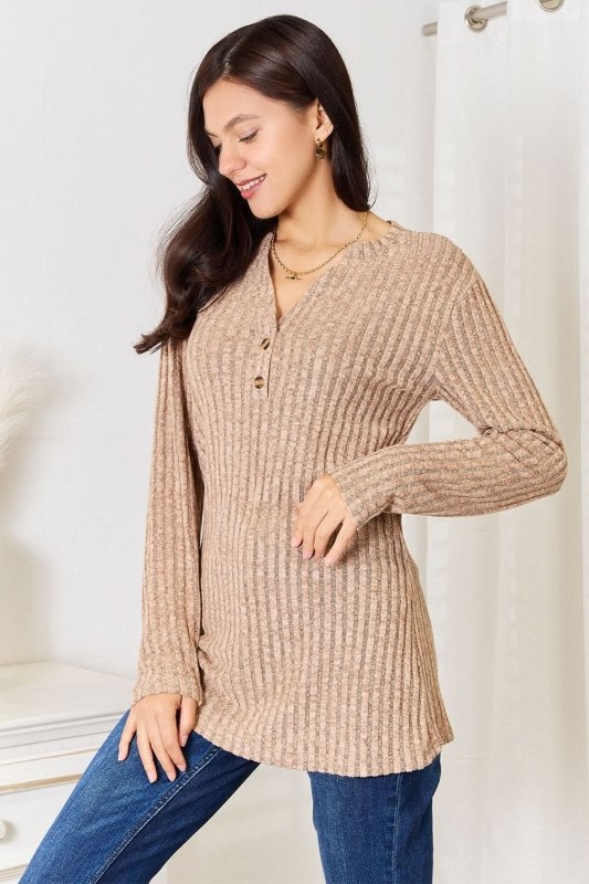 Double Take Notched Neck Ribbed Long Sleeve T-Shirt - ShalayeFashion
