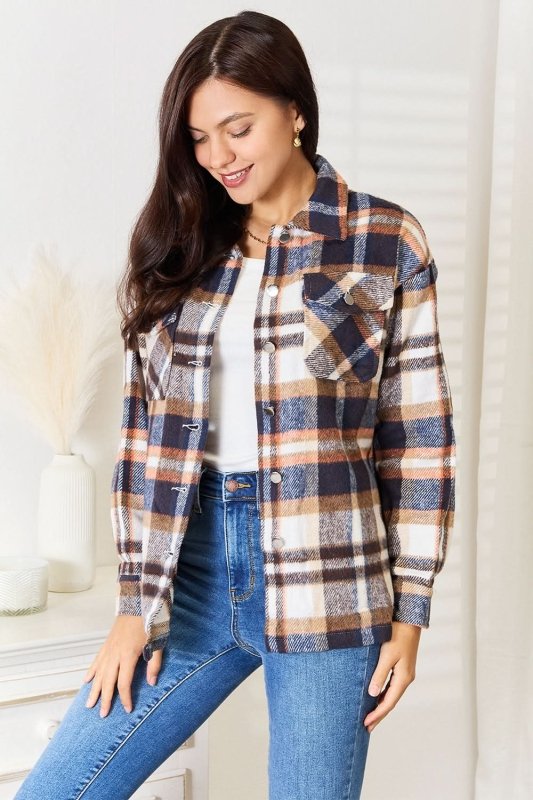 Double Take Plaid Button Front Shirt Jacket with Breast Pockets - ShalayeFashion