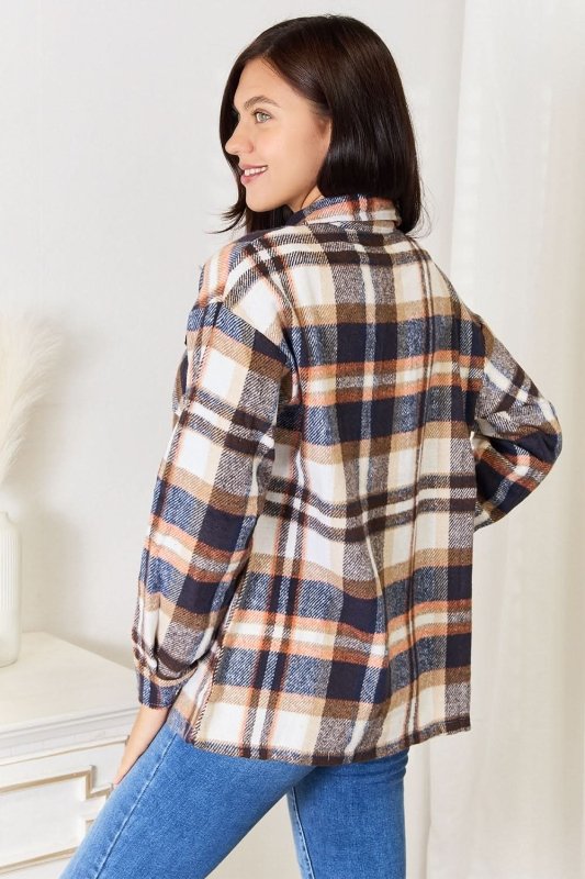 Double Take Plaid Button Front Shirt Jacket with Breast Pockets - ShalayeFashion