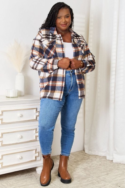 Double Take Plaid Button Front Shirt Jacket with Breast Pockets - ShalayeFashion