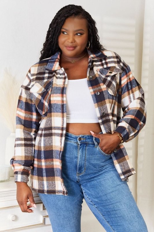 Double Take Plaid Button Front Shirt Jacket with Breast Pockets - ShalayeFashion