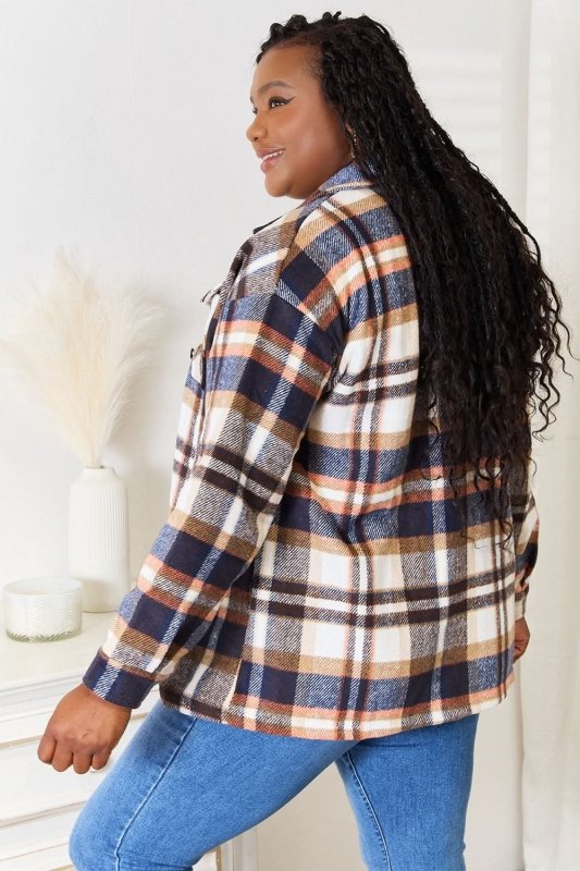Double Take Plaid Button Front Shirt Jacket with Breast Pockets - ShalayeFashion
