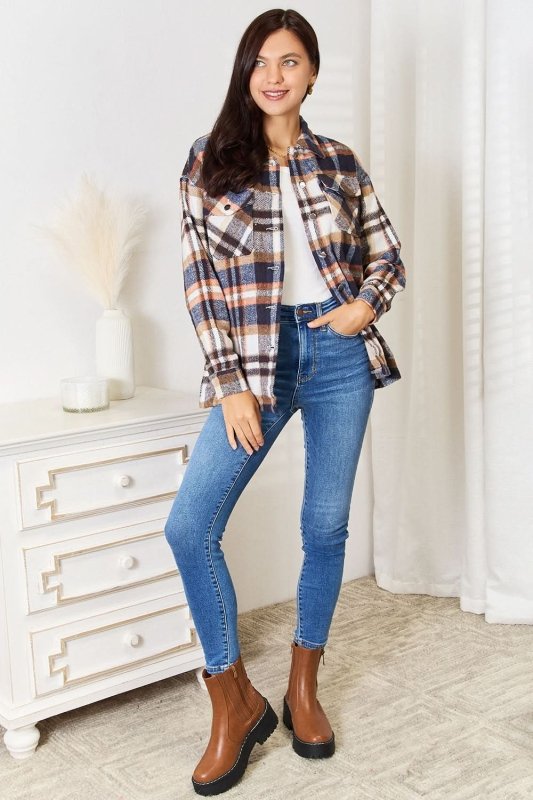 Double Take Plaid Button Front Shirt Jacket with Breast Pockets - ShalayeFashion
