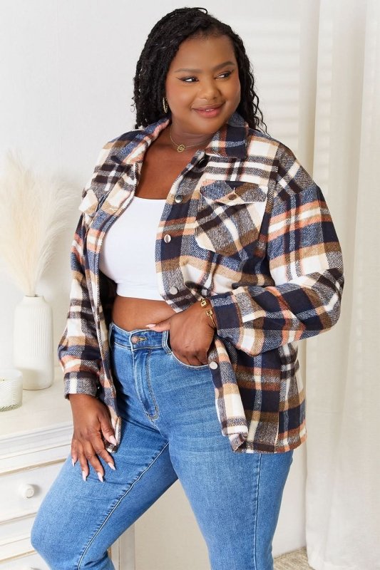 Double Take Plaid Button Front Shirt Jacket with Breast Pockets - ShalayeFashion