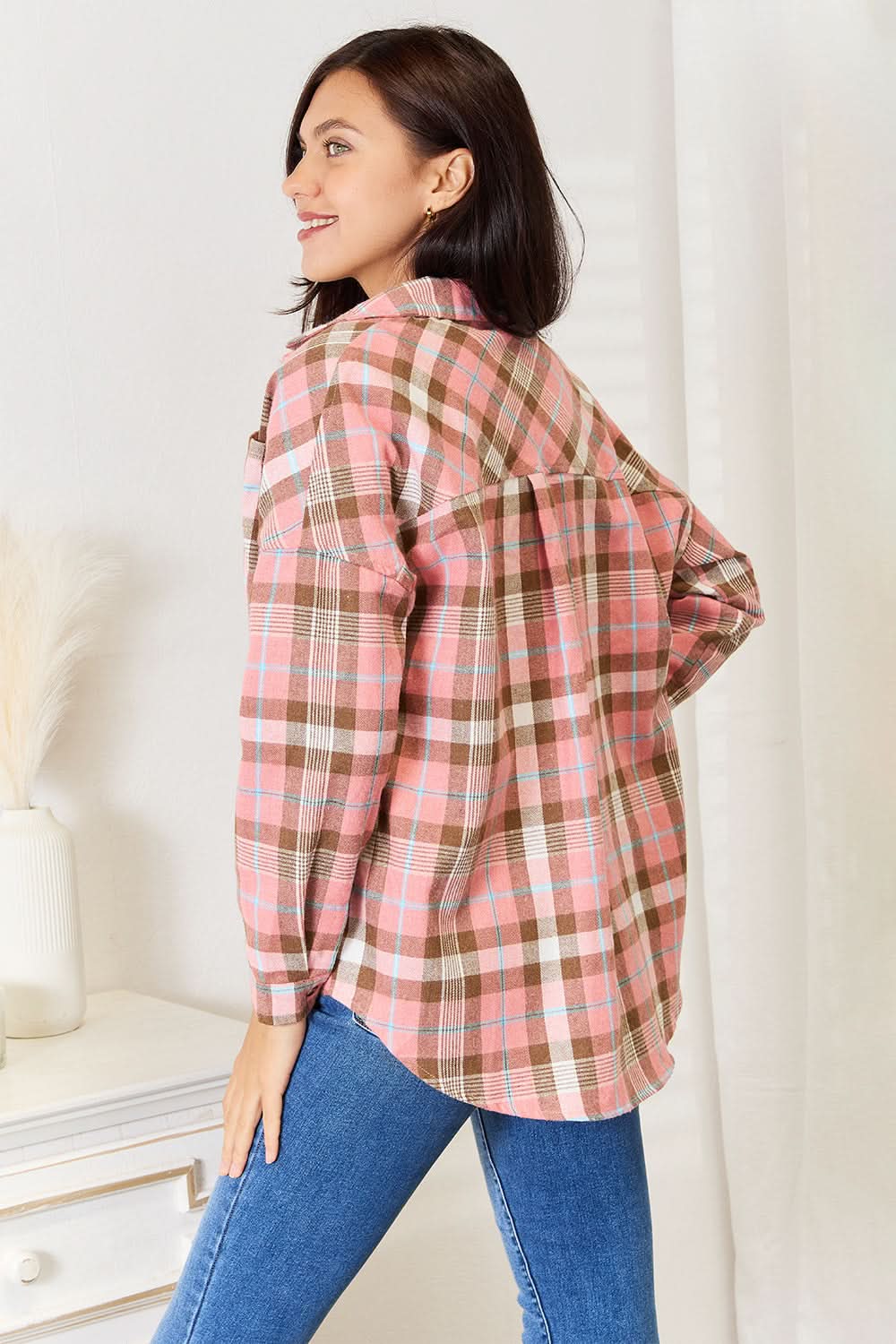 Double Take Plaid Collared Neck Long Sleeve Button - Up Shirt - ShalayeFashion
