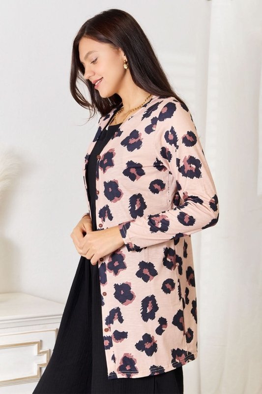 Double Take Printed Button Front Longline Cardigan - ShalayeFashion