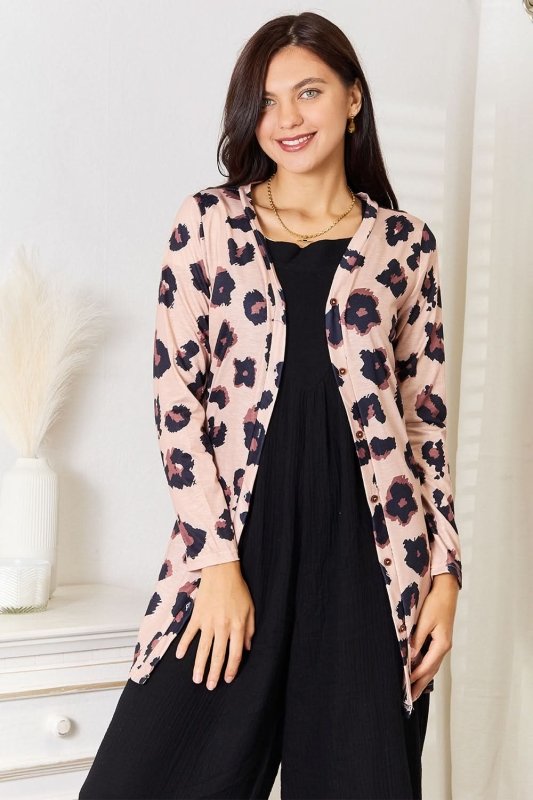 Double Take Printed Button Front Longline Cardigan - ShalayeFashion