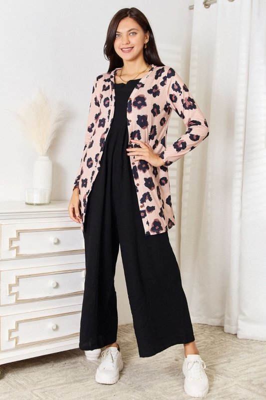 Double Take Printed Button Front Longline Cardigan - ShalayeFashion