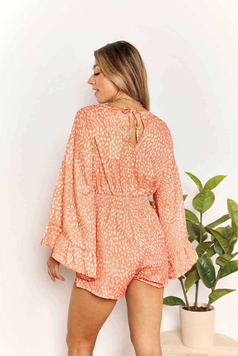 Double Take Printed Flare Sleeve Surplice Romper - ShalayeFashion