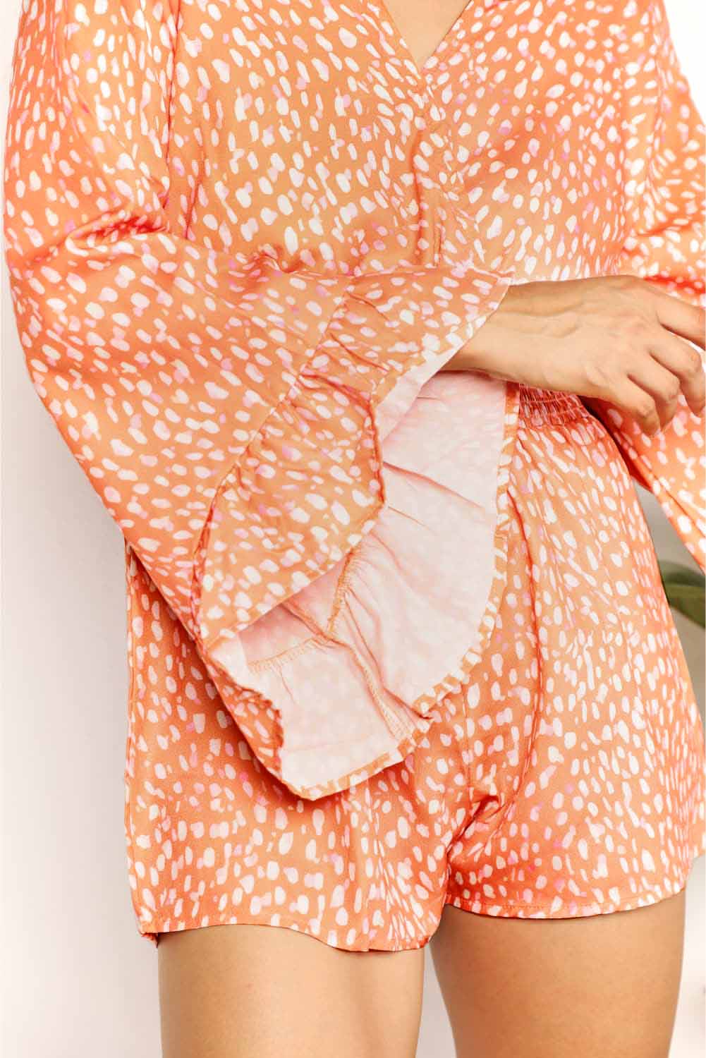 Double Take Printed Flare Sleeve Surplice Romper - ShalayeFashion