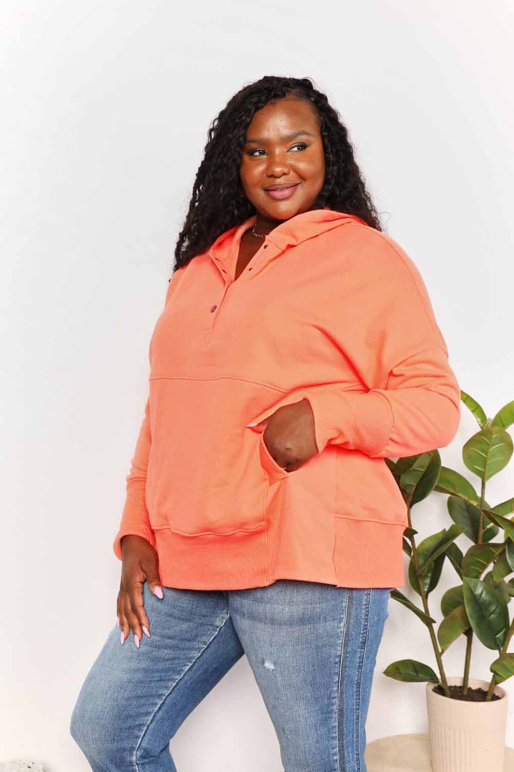 Double Take Quarter - Snap Dropped Shoulder Hoodie - ShalayeFashion