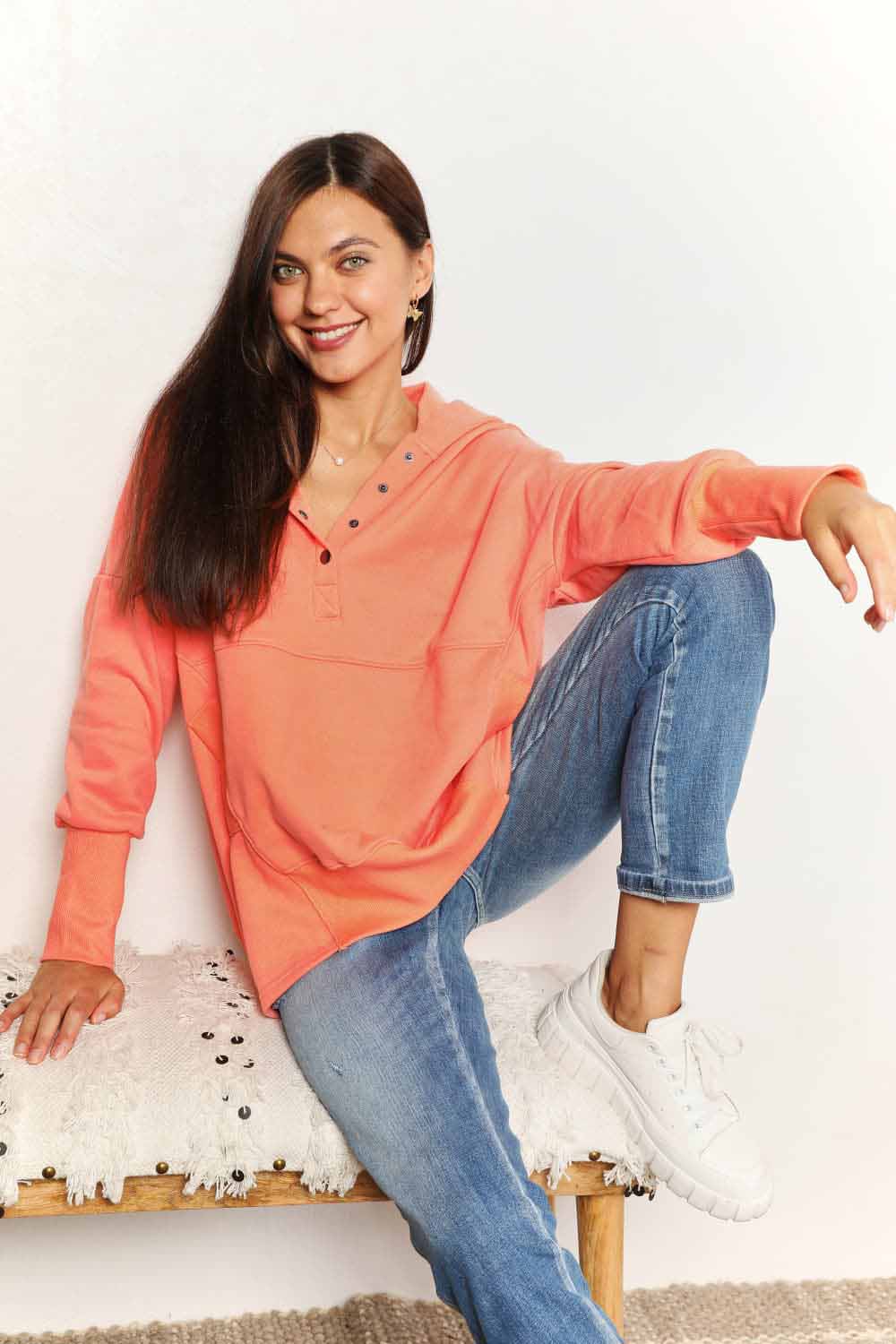 Double Take Quarter - Snap Dropped Shoulder Hoodie - ShalayeFashion