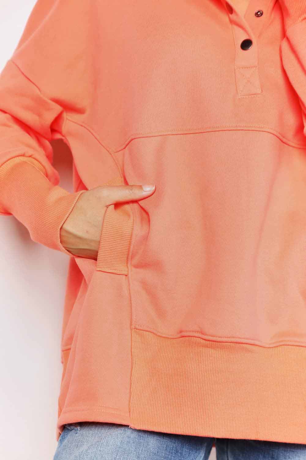 Double Take Quarter - Snap Dropped Shoulder Hoodie - ShalayeFashion
