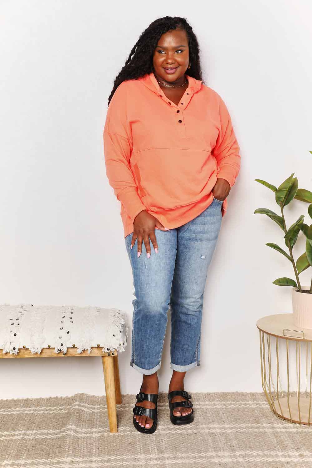 Double Take Quarter - Snap Dropped Shoulder Hoodie - ShalayeFashion