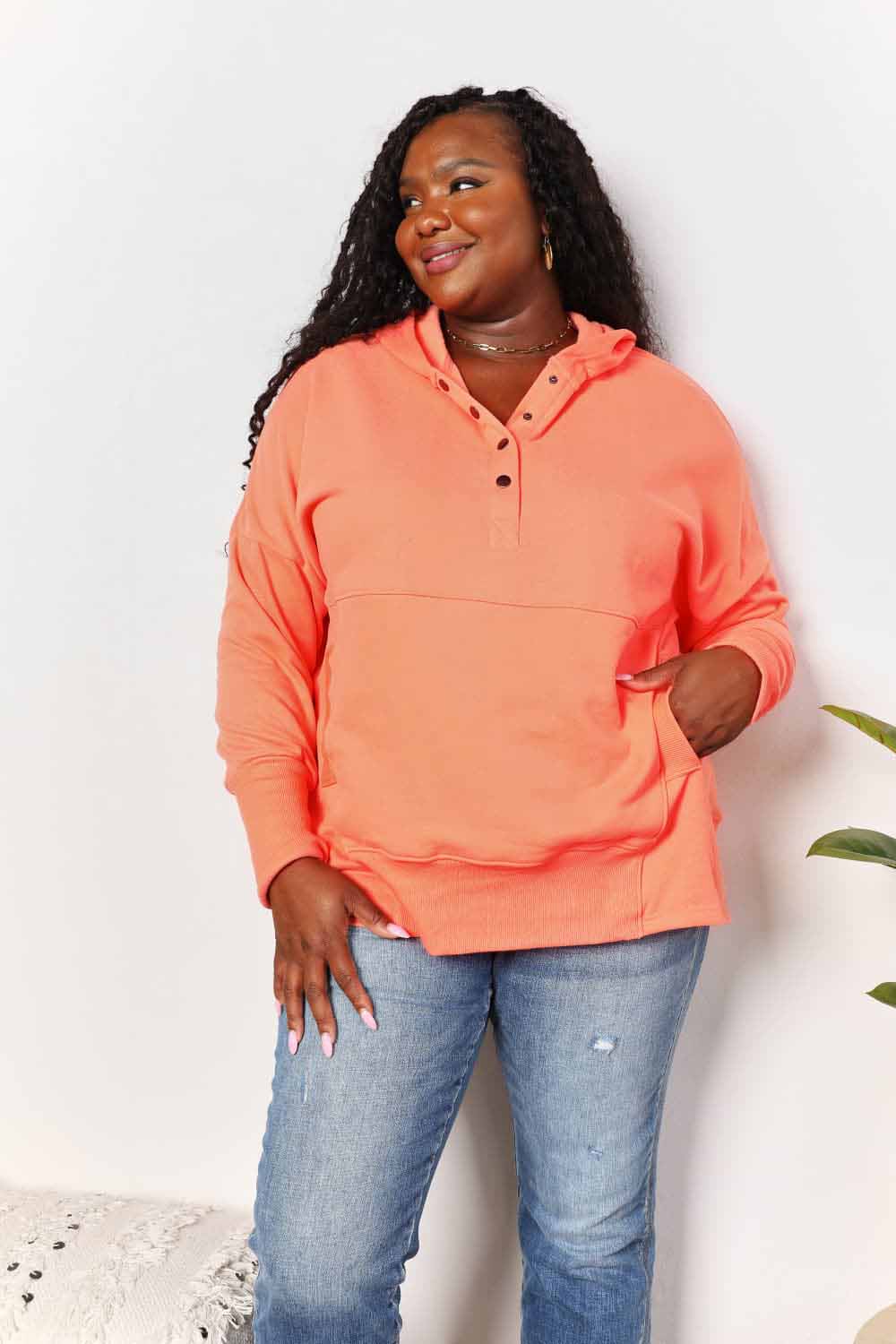 Double Take Quarter - Snap Dropped Shoulder Hoodie - ShalayeFashion