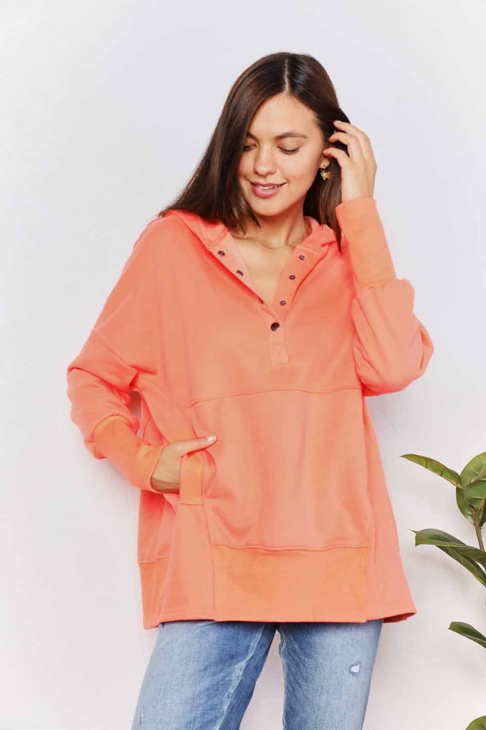 Double Take Quarter - Snap Dropped Shoulder Hoodie - ShalayeFashion