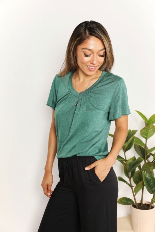 Double Take Ruched V - Neck Short Sleeve T-Shirt - ShalayeFashion