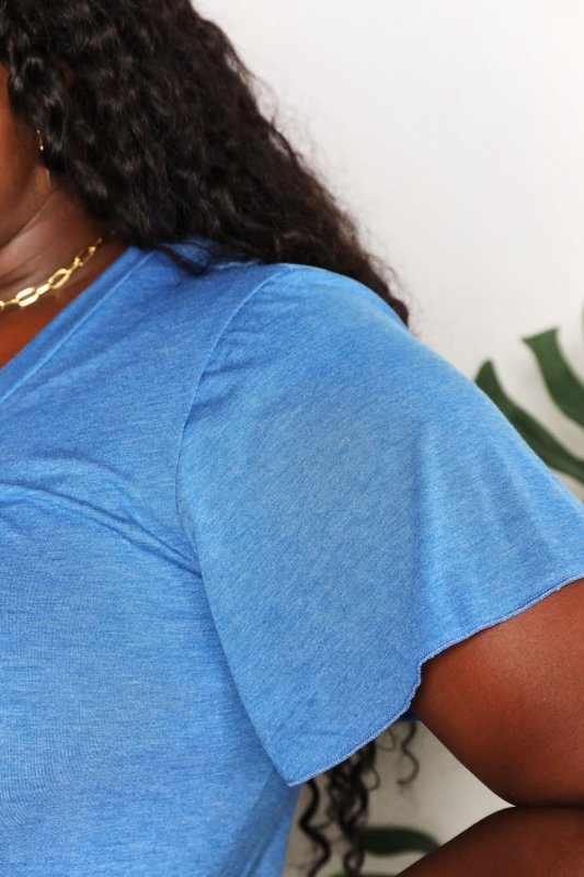 Double Take Ruched V - Neck Short Sleeve T-Shirt - ShalayeFashion