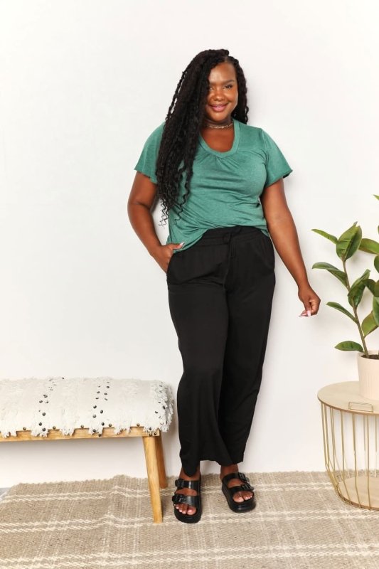 Double Take Ruched V - Neck Short Sleeve T-Shirt - ShalayeFashion