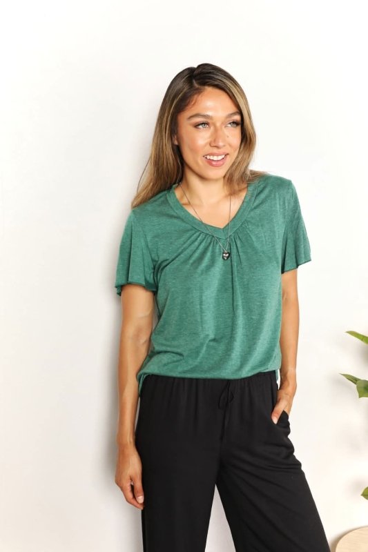 Double Take Ruched V - Neck Short Sleeve T-Shirt - ShalayeFashion