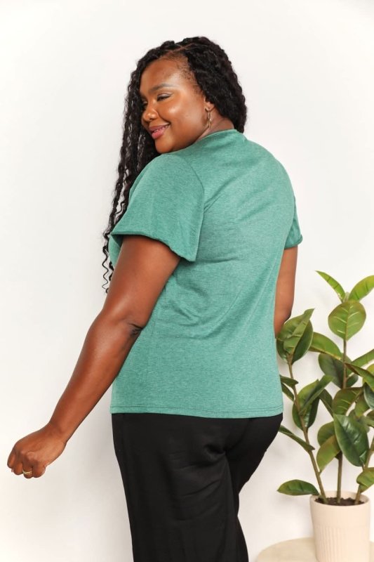 Double Take Ruched V - Neck Short Sleeve T-Shirt - ShalayeFashion
