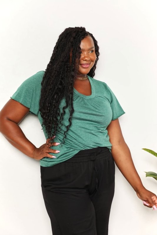 Double Take Ruched V - Neck Short Sleeve T-Shirt - ShalayeFashion