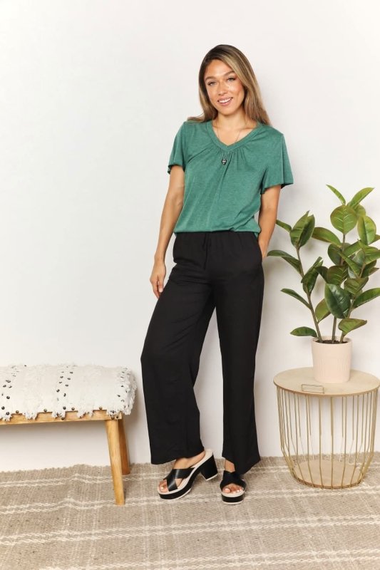 Double Take Ruched V - Neck Short Sleeve T-Shirt - ShalayeFashion