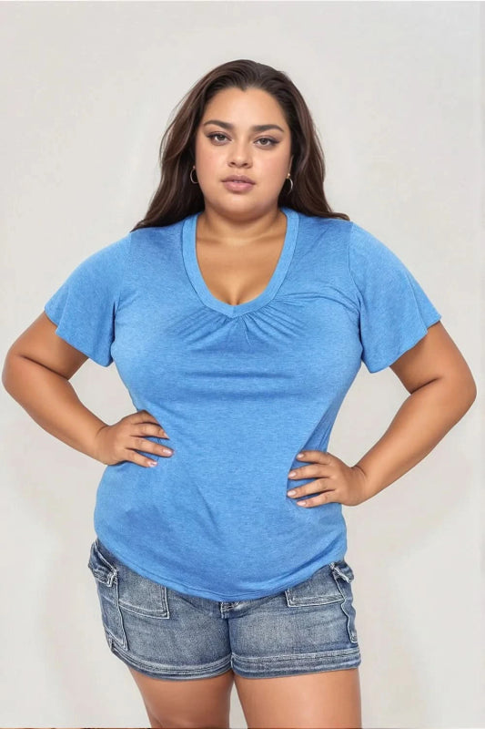 Double Take Ruched V - Neck Short Sleeve T-Shirt - ShalayeFashion