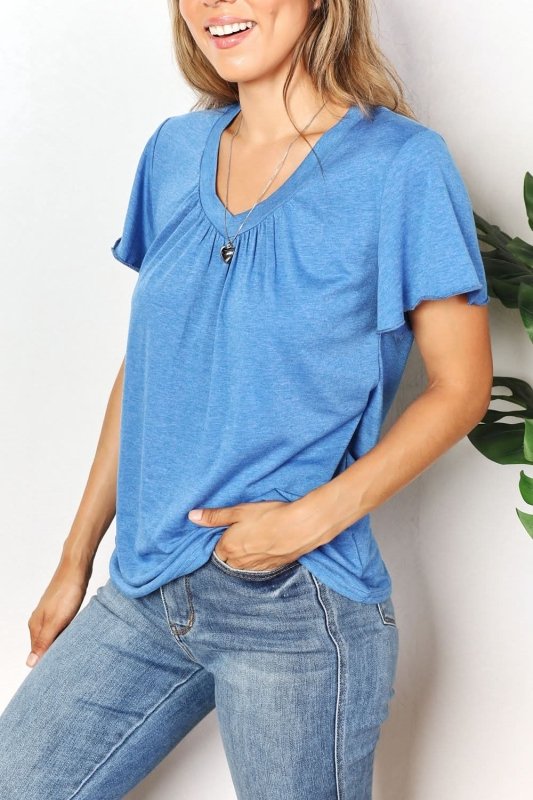 Double Take Ruched V - Neck Short Sleeve T-Shirt - ShalayeFashion