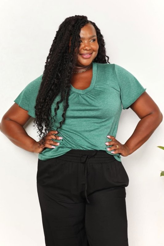 Double Take Ruched V - Neck Short Sleeve T-Shirt - ShalayeFashion