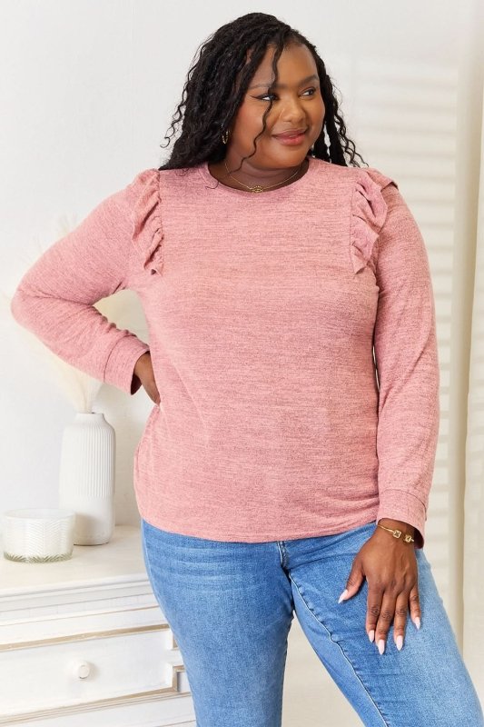 Double Take Ruffle Shoulder Long Sleeve T-Shirt - ShalayeFashion
