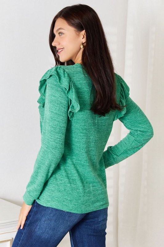 Double Take Ruffle Shoulder Long Sleeve T-Shirt - ShalayeFashion