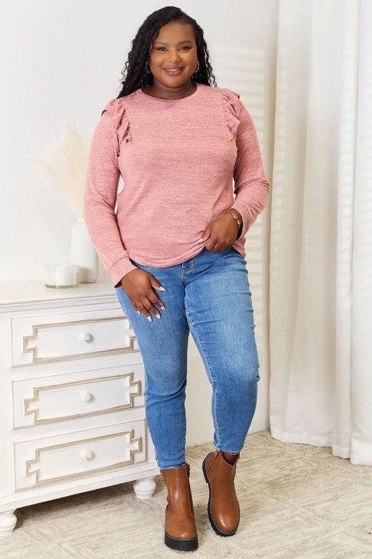 Double Take Ruffle Shoulder Long Sleeve T-Shirt - ShalayeFashion