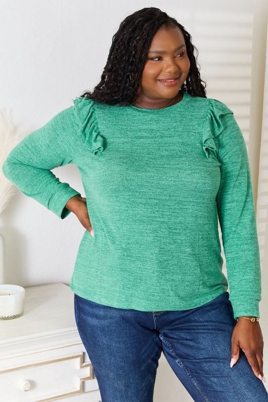 Double Take Ruffle Shoulder Long Sleeve T-Shirt - ShalayeFashion