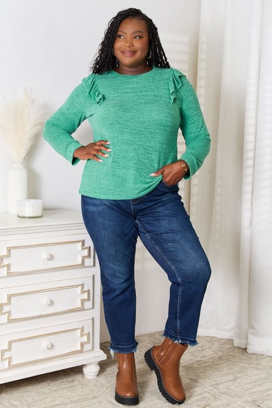 Double Take Ruffle Shoulder Long Sleeve T-Shirt - ShalayeFashion