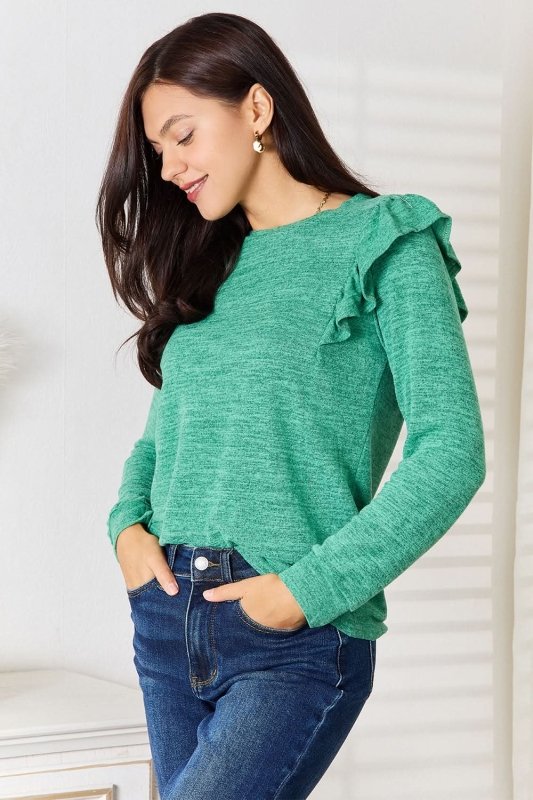 Double Take Ruffle Shoulder Long Sleeve T-Shirt - ShalayeFashion
